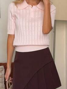 Women's Summer Knit Tops Short Sleeve Turn Down Collar Solid Color Cutout T-Shirt