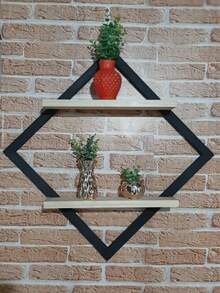 Decorative Hexagonal Shelf 43x43 Cm With 33x10 Cm Shelf Varnished Wood - 黑色 - 查看 4