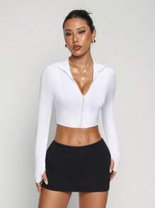 Women's White Zipper Long Sleeve Minimalist Hooded Thumb Hole Sports Knit Jacket