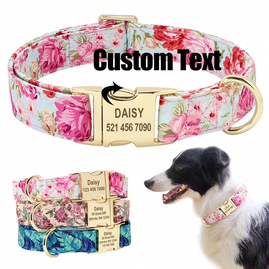 Collier personnalisé imprimé pour chien avec gravure, collier de compagnie personnalisé à motif floral, collier avec étiquette d'identification anti-perte réglable pour chiens petits/moyens/grands, La Vie Secrète des Animaux de Compagnie, Cadeaux personnalisés - Rose pâle - Voir 1
