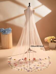 1pc 230cm Floral Lace Applique Bridal Veil With Comb, Wedding Dress Accessory - Multicolor - View 7