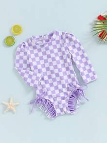 Girls Bikini Beach Swimwear Long Sleeve Checkerboard Print Ruffle Romper Bathing Suit - Morado - Ver 5