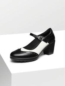Women Round Toe Mary Jane Oxfords 2.8-Inch Chunky Heels Pumps Fashion Classic Elegant Dating Retro Style Oxfords Shoes - 黑與白 - 查看 9