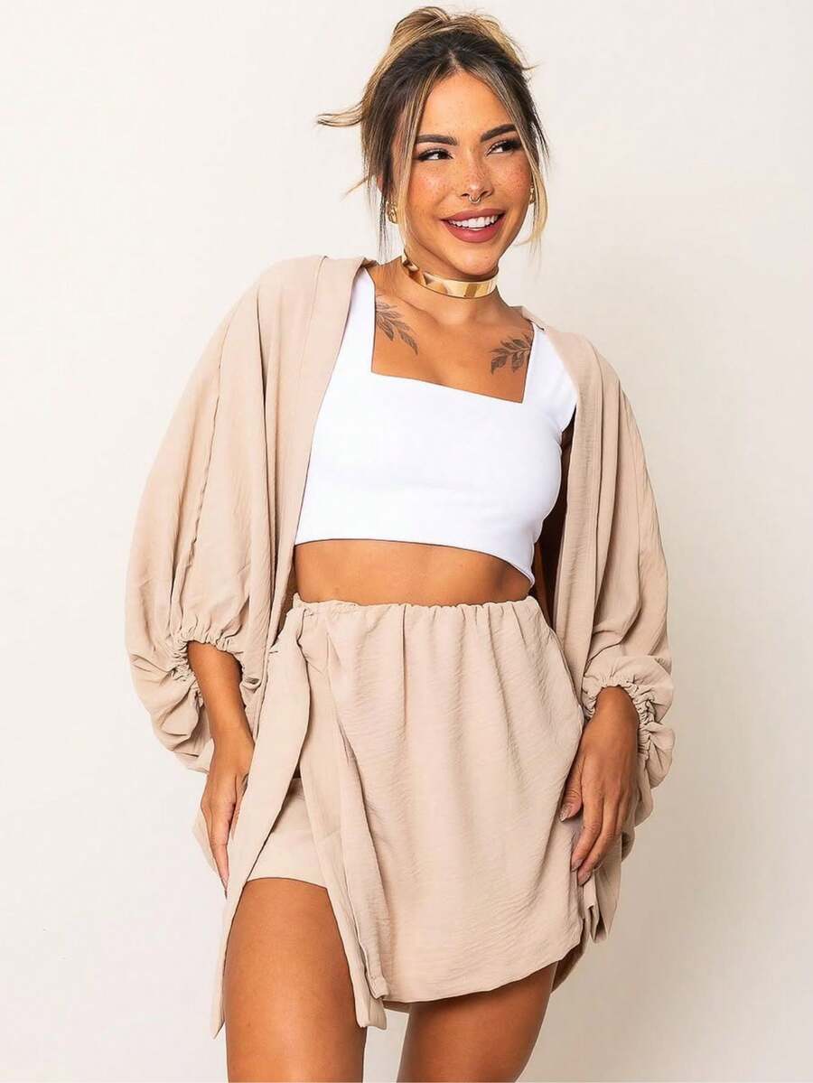 Kimono Set Shorts Skirt + Kimono Women's Blogger Max Shirt Cardigan - Beige - View 1