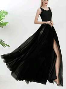 1pc Flare Tulle Skirt, New Arrival European & American Style, Tie-Waist Long Tail Skirt, Black/White/Ivory Polyester Casual - Multicolor - View 9