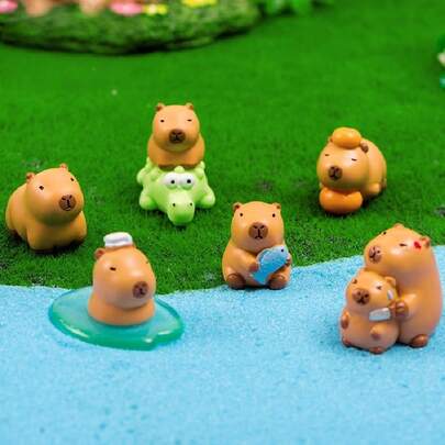 12pcs Capybara Miniature Resin Ornaments, Windmill Decor For Car/Desktop, Stress Relief Cute Pet Figurines & Moss Landscape Set (Random Style), Suitable For Car Decor, Desktop Decoration, Stress Relief