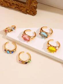 6pcs/Set Fashion Creative Colorful Faux Gemstone Rhinestone Rings Set, Minimalist Versatile High-End, Gift Jewelry For Women - Multicolor - View 9