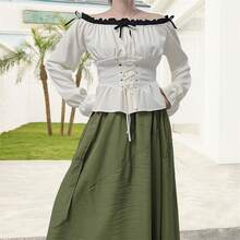 Women's Renaissance Costumes Medieval Style Front Strap Long Sleeve Off The Shoulder Pirate Tops - White - View 6