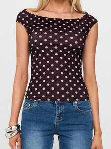 Women Y2K Off Shoulder T-Shirt Short Sleeve Boat Neck Polka Dot Slim Fit Crop Top Summer Baby Tee Going Out Tops Streetwear - 棕色 - 查看 1