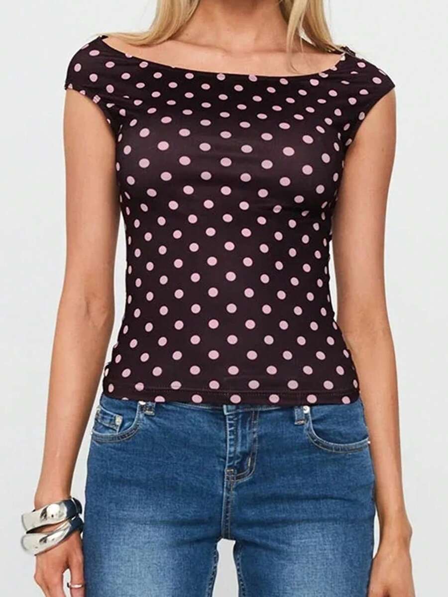 Women Y2K Off Shoulder T-Shirt Short Sleeve Boat Neck Polka Dot Slim Fit Crop Top Summer Baby Tee Going Out Tops Streetwear - 棕色 - 查看 1