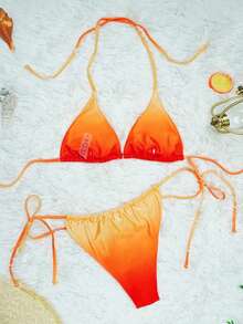 Conjunto de bikini sexy informal de 2 piezas con efecto degradado, cordón y espalda anudada, adecuado para la playa, vacaciones, citas y viajes - Naranja - Ver 6