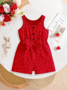 Pelele de bebé niña con cuello redondo, sin mangas, decorado con lazo, diseño de botones y abertura media, en unicolor, adecuado para el hogar, uso diario y salidas, primavera/verano