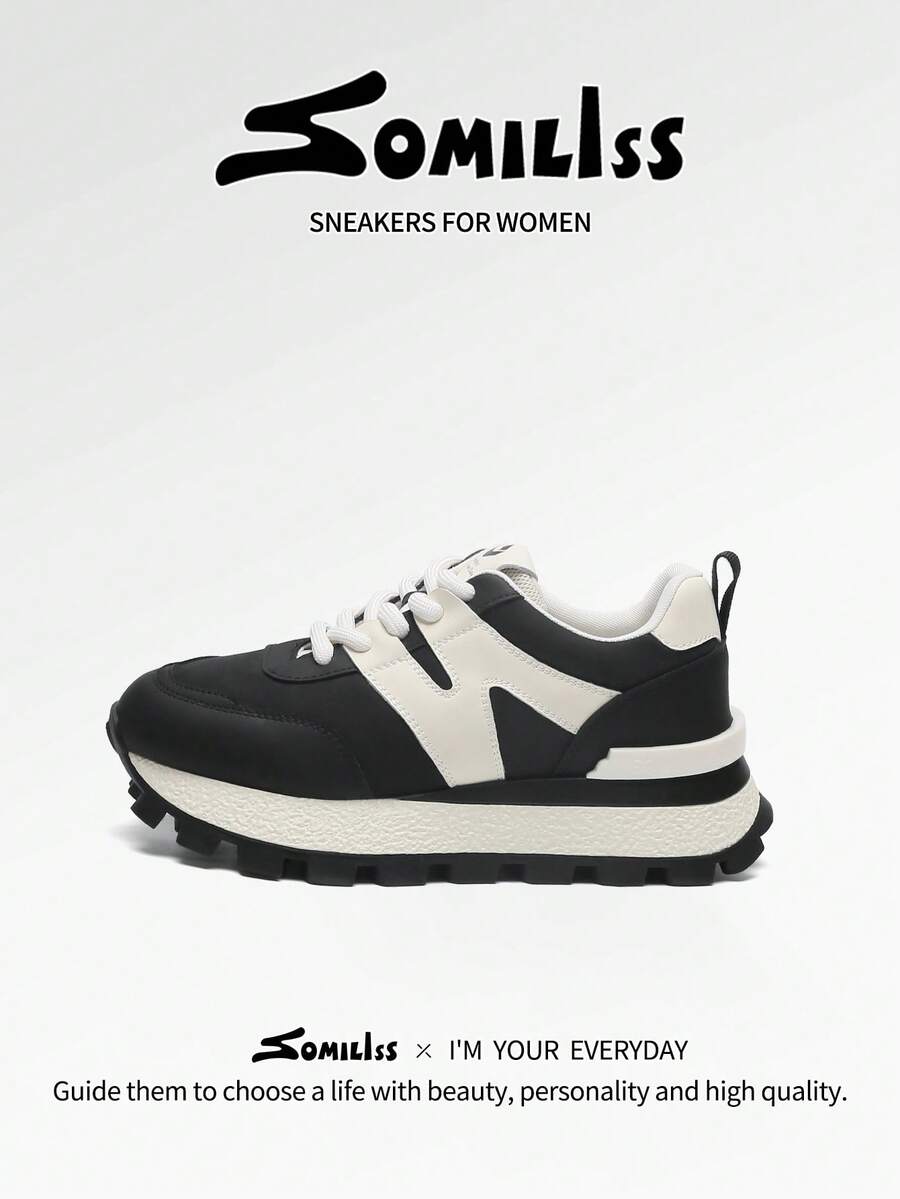 somiliss 1 Pair Women's Lace-Up Casual Sports Shoes, Comfortable Running Sneakers, Fashion Platform 5cm Low-Top Outdoor Walking Shoes, New Autumn Collection Black & White