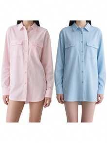 Womens Button Down Shirts Long Sleeve Casual Blouses Lapel Collar Tops With Pockets - Pink - View 8