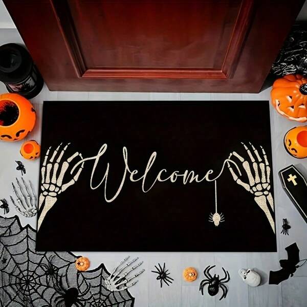 1pc Halloween Welcome Door Mat – 1pc Black Polyester Fiber Area Rug With Non-Slip Backing For Room, Porch & Indoor Decor – Hand Wash Only Spooky Skeleton Hands & Spider Design For Halloween Celebrations