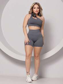 jelik fashions Conjunto Fitness Feminino Canelado Top Um Ombro com Bojo Removível + Short Modelador Cintura Alta Academia Moda Esportiva Estilosa - Cinza - Visão 2