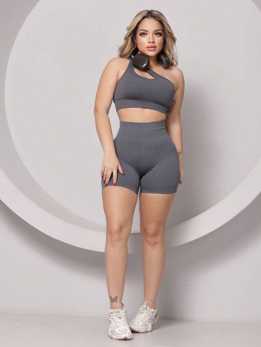 jelik fashions Conjunto Fitness Feminino Canelado Top Um Ombro com Bojo Removível + Short Modelador Cintura Alta Academia Moda Esportiva Estilosa