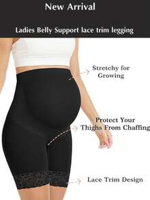 Legging de Cintura Alta Cor de Pele para Gestantes, Calcinha e Legging de Cor Sólida com Barra de Renda para Gravidez - Preto - Visão 3