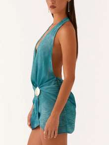 Women Y2K Shell Decor Halter Mini Dress Sleeveless Deep V-Neck Cowl Neck Draped Front Bodycon Short Dress Summer Backless Low Cut Ruched Going Out Dress Party Club Beach Dresses - 綠色 - 查看 5