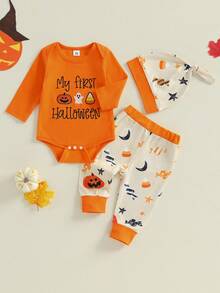 My First Halloween Baby Boy Outfit Letter Embroidery Long Sleeve Romper Pumpkin Pants And Hat 3Pcs Fall Clothes - Orange - View 2