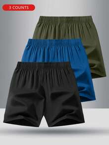 3pcs/Set Boys' Solid Color Elastic Waist Casual Sports Shorts, Summer - Teal Blue - View 2