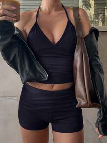 GAOVOT Women's Two Pieces Sexy Young Hot Sports Casual Running Exercise V-Neck Neck Top And Tight Shorts Suit - Màu xanh hải quân - Xem 7