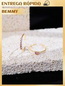BEMMY 2 Piece Elegant Heart Shaped Ring With Rhinestone, Suitable For Women To Wear Daily And Dinner Parties - 玫瑰金色 - 查看 5