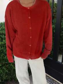 SEREN 秋季新款红色圆领单排扣长袖针织开衫上衣，时尚简约温柔优雅浪漫百搭休闲慵懒风，适合约会通勤毛衣开衫万圣节秋季女装 - 紅色 - 查看 1