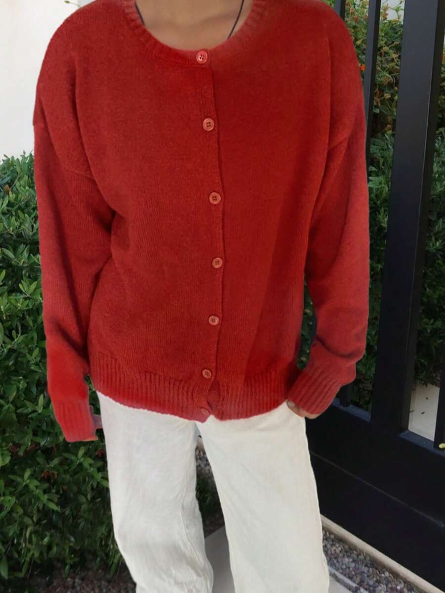 SEREN 秋季新款红色圆领单排扣长袖针织开衫上衣，时尚简约温柔优雅浪漫百搭休闲慵懒风，适合约会通勤毛衣开衫万圣节秋季女装 - 紅色 - 查看 1