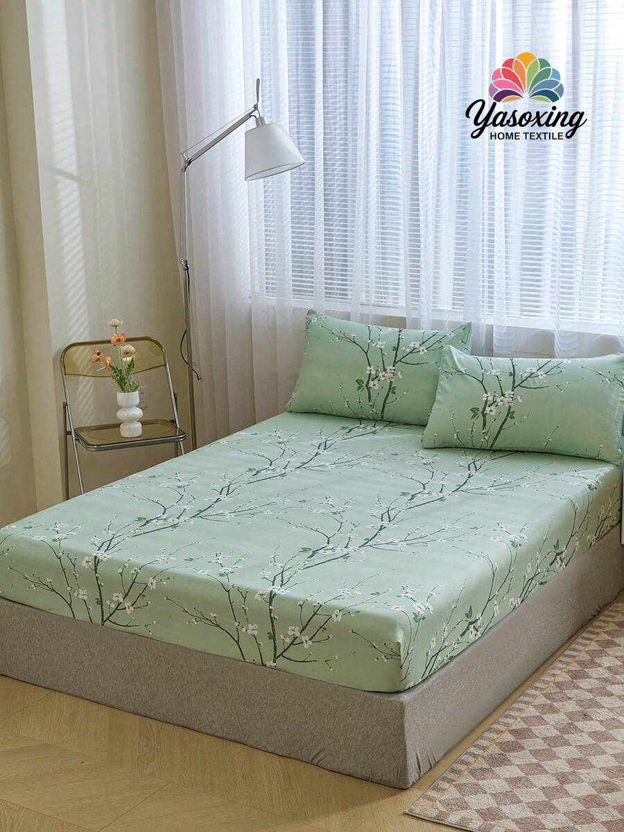 Bộ 3 ga trải giường họa tiết cành hoa mận xanh không có ruột, Bộ ga trải giường cho phòng ngủ bằng vải sợi nhỏ chải kỹ, thoáng khí, thoải mái, 1 ga trải giường + 2 vỏ gối không có ruột, Bộ chăn ga gối đệm cho ký túc xá trường học - màu xanh lá - Xem 1