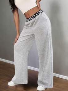 Teen Girl Letter Elastic Waist Loose Straight Leg Sweatpants With Pockets