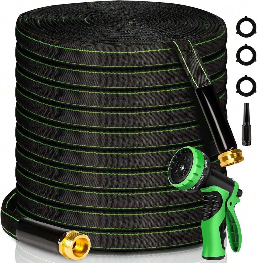 Garden Hose 50-Foot And 100-Foot Water Hose With 10-Mode Nozzles, Including 3 Waterproof Gaskets, Hooks, Straight Gun Heads, Waterproof Raw Material Tape, Super Flexible Hose With Outdoor Light, Knot-Free High-Pressure Flat Hose, Brass Tube, Suitable For Courtyard Lawn Car Washing - 黑色-50FT - 查看 1
