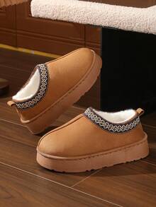 Winter Bestseller Lace Trim Slip-On Slippers For Women & Couples, Warm Snow Boots With Anti-Slip Thick Soles, Simple Retro Indoor/Outdoor Wear