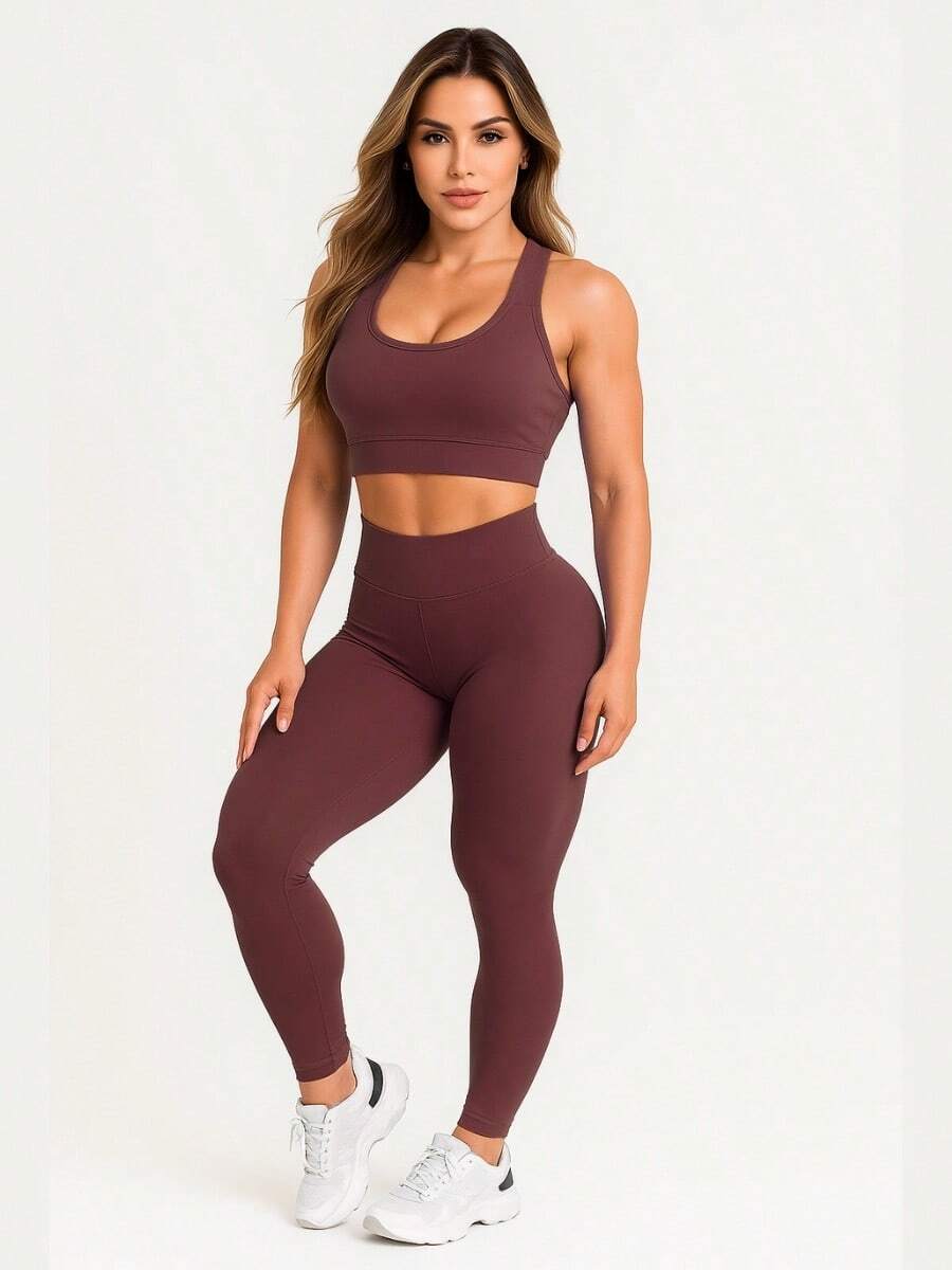 Leggings And Top Set For Gym Fitness Walking Bodybuilding Smooth Suplex A01 - 酒紅色 - 查看 1