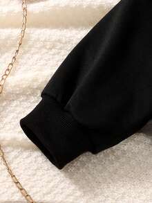 3pcs Girls Kids Fashion Minimalist Spring/Autumn Outfit Set: Black Crew Neck Cropped Long Sleeve Top, Solid Color Camisole, Denim Effect Letter Print Graphic Pants, Casual Comfortable Outdoor/Sports/Vacation Suit - Black - View 4