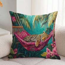 1PC,Jungle - Leopard Theme, Vivid Cushion Covers With Tropical Floral Elements. All - Seasons Suitable, (Pillow Inserts Not Included). - Multicolor - View 9