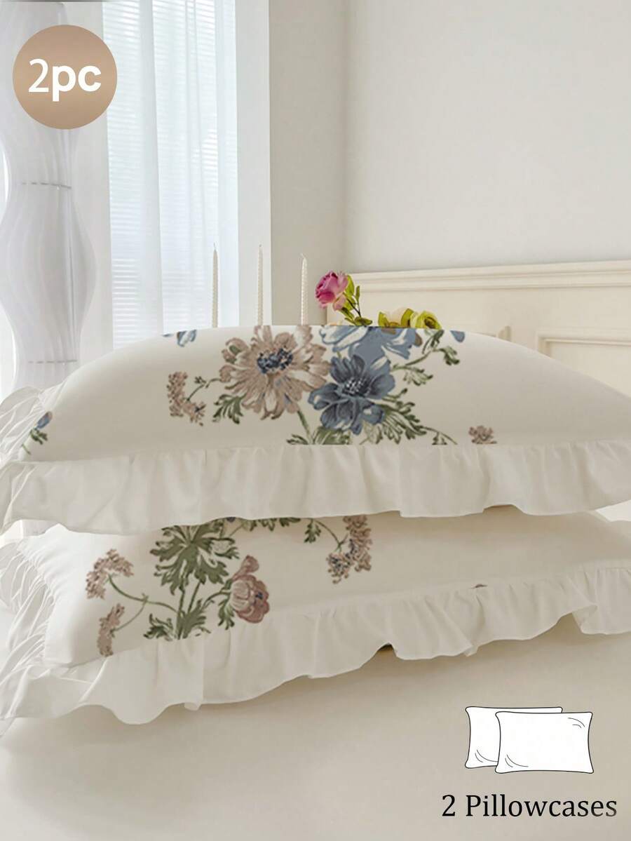 2pcs Floral Ruffle Pillowcase Set (Pillow Insert Not Included), Comfortable Breathable Soft Skin-Friendly, Machine Washable, Suitable For Dorm, Bedroom, Hotel, All Seasons - Multicolor - View 1