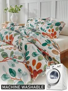 Set de funda nórdica con estampado de hojas botánicas de 2/3 piezas, set de ropa de cama moderno y de estilo cottage para todas las estaciones, suave y transpirable, lavable a máquina (1 funda nórdica + 1/2 fundas de almohada, sin relleno)