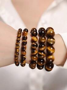 经典天然石珠虎眼石手链 4 号 手工佛手链 男士 瑜伽冥想臂环饰品 - 棕色 - 查看 6