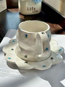 Bộ 1 cốc cà phê và đĩa sứ họa tiết hoa dễ thương, cốc phong cách Hàn Quốc chất lượng cao, cốc cà phê dung tích lớn có quai xách cỡ lớn, thích hợp cho văn phòng, gia đình, bữa sáng - Nhiều màu - Xem 6