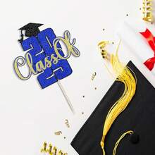 Glitter Class Of 2025 Cake Topper, Congrats Grad 2025/Congrats Class Of 2025/Congratulations, 2025 Graduation Party Decorations Supplies - Dark Blue Gold - 查看 4