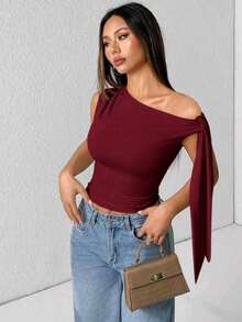 Elegant Suplex T-Shirt Top With Asymmetrical Shoulders And Straps, Ideal For Daily Use, Outings, Nightclubs, Parties, Halloween Costumes - 酒紅色 - 查看 6
