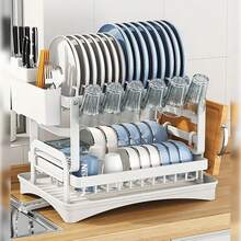 Multifunctional Dish Drying Rack - Rustproof, 2 Tier Dish Rack With Drainer Board, Space Saving Design, Utensil And Cup Holder For Kitchen Countertop,... - 白色 - 查看 2