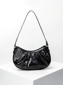 1pc Women's Crocodile Grain Minimalist Underarm One Shoulder Baguette Bag, Rivet Fashion Shoulder Bag, Coin Purse, Suitable For Daily Use, Ideal Gift Choice - Black - View 1
