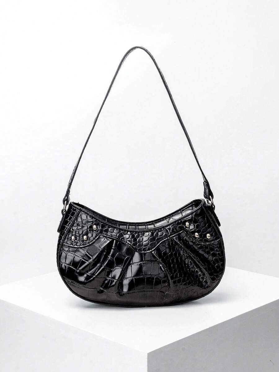 1pc Women's Crocodile Grain Minimalist Underarm One Shoulder Baguette Bag, Rivet Fashion Shoulder Bag, Coin Purse, Suitable For Daily Use, Ideal Gift Choice - Black - View 1