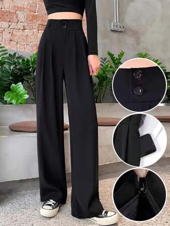Slim Fit Straight Leg Dress Pants, Solid Color With Pockets, Button And Zipper Closure
