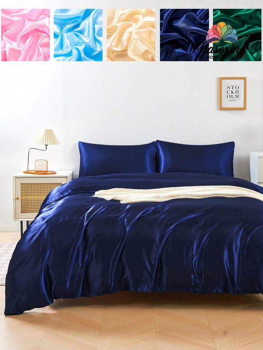 3pcs Premium Navy Blue Color Silky Satin Duvet Cover Bedding Set, Soft Breatheable Wrink-Free Better For Sleep, Luxury Hotel Style, Gift For Mom Dad Friend, Quilt Comforter Duvet Cover*1 Pillowcase*2 King Queen Full Twin Size Domitory Bedding Back School Bedding - Navy Blue - View 1