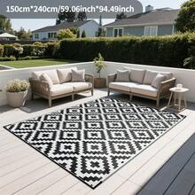 防水户外地毯 5x8 英尺，塑料双面地毯，现代风格，大型户外地垫，适用于房车、露台、后院、甲板、野餐、沙滩、露营，黑白配色 - 黑白 - 查看 13