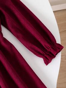 Young Girl Simple Fashion Spring/Autumn Dress, Toddler Girls' Solid Color Round Neck Long Sleeve Elastic Waist Casual Dress, Girls Outdoor Stylish Soft Energetic Clothing - Burgundy - View 6