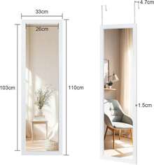 Ganzkörperspiegel, 110x33cm Wandspiegel Türspiegel Mit 2 Haken Höhenverstellbar, Spiegel Groß Aus Bruchsicherem Glas Für Eingänge Und Schlafzimmer